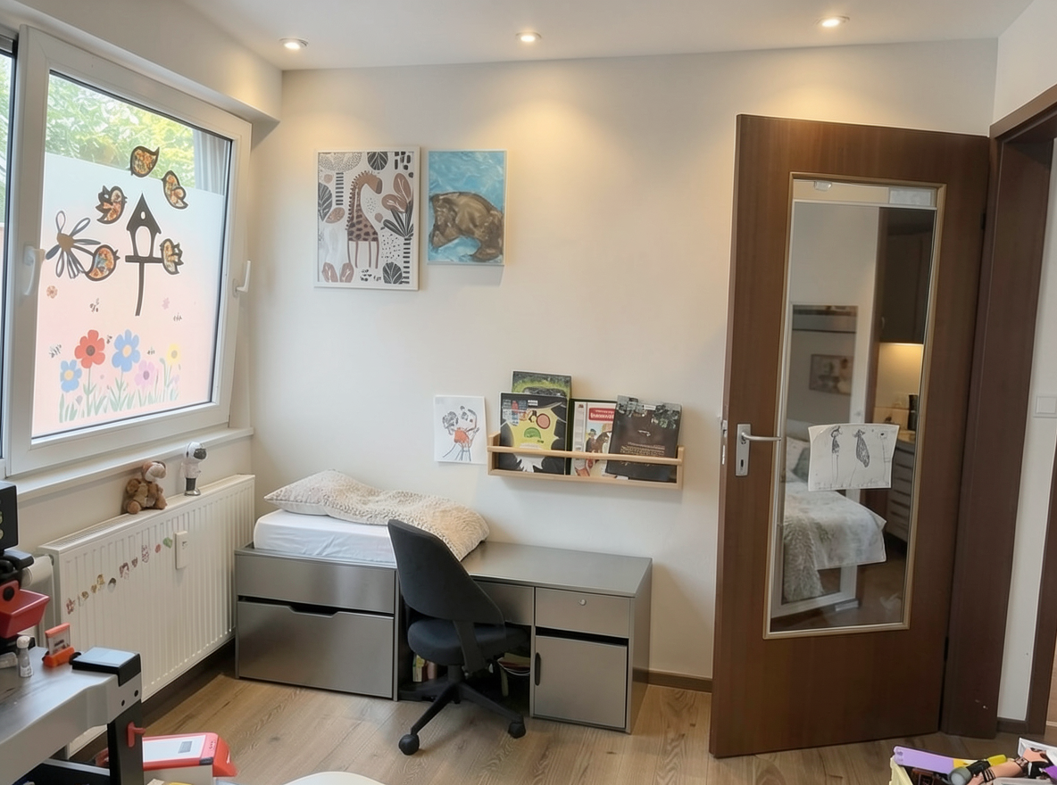 Main redesign studio: Redesign this room in a Modern interior style: clean lines, a neutral palette with bold accents, sleek low-profile furniture, glass and matte-metal su