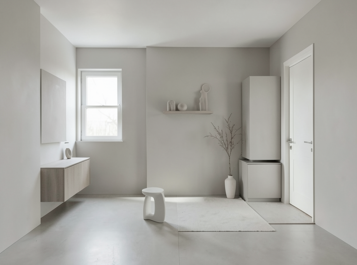 Main redesign studio: Redesign this room in a Minimalist interior style: an uncluttered space, a monochrome neutral palette, a few sculptural pieces, concealed storage, sof