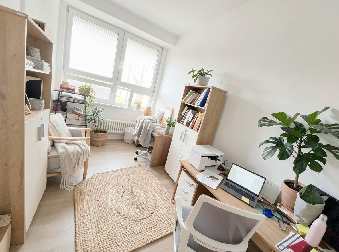 Main redesign studio: Redesign this room in a Scandinavian interior style: light oak wood, a white and soft-grey palette, wool and linen textiles, a woven jute rug, leafy p