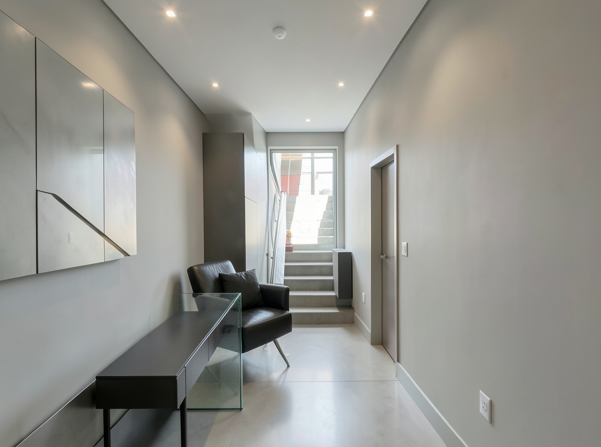 Main redesign studio: Redesign this room in a Modern interior style: clean lines, a neutral palette with bold accents, sleek low-profile furniture, glass and matte-metal su