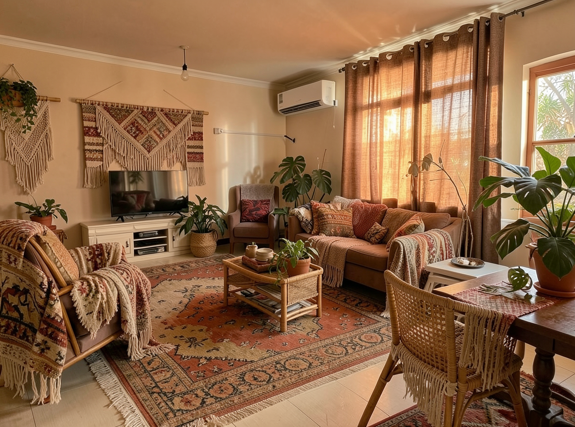 Main redesign studio: Redesign this room in a Boho interior style: layered patterned textiles, rattan and macramé, terracotta and warm earthy tones, abundant plants, vintag
