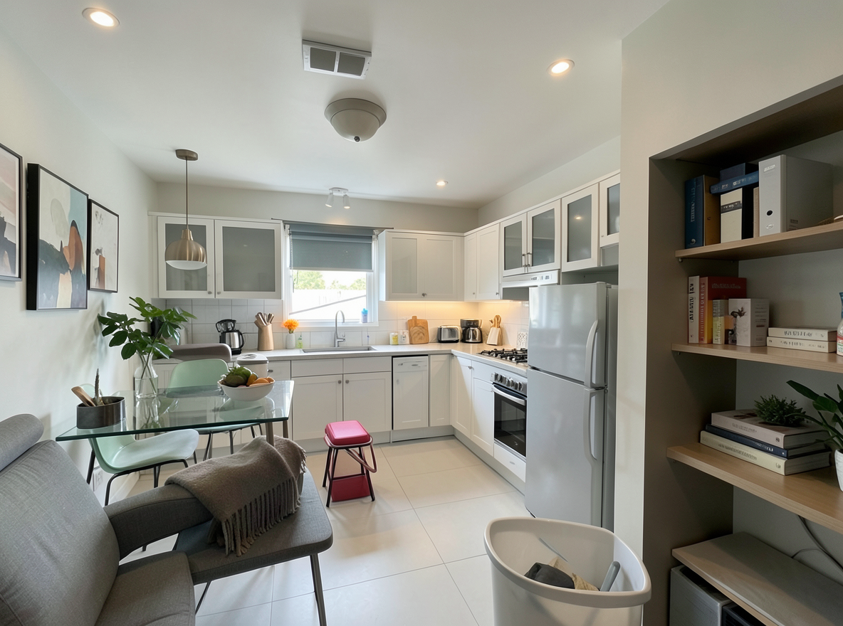 Main redesign studio: Redesign this room in a Modern interior style: clean lines, a neutral palette with bold accents, sleek low-profile furniture, glass and matte-metal su
