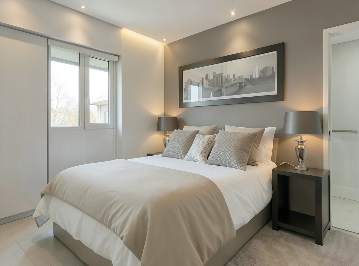 Main redesign studio: Redesign this room in a Modern interior style: clean lines, a neutral palette with bold accents, sleek low-profile furniture, glass and matte-metal su