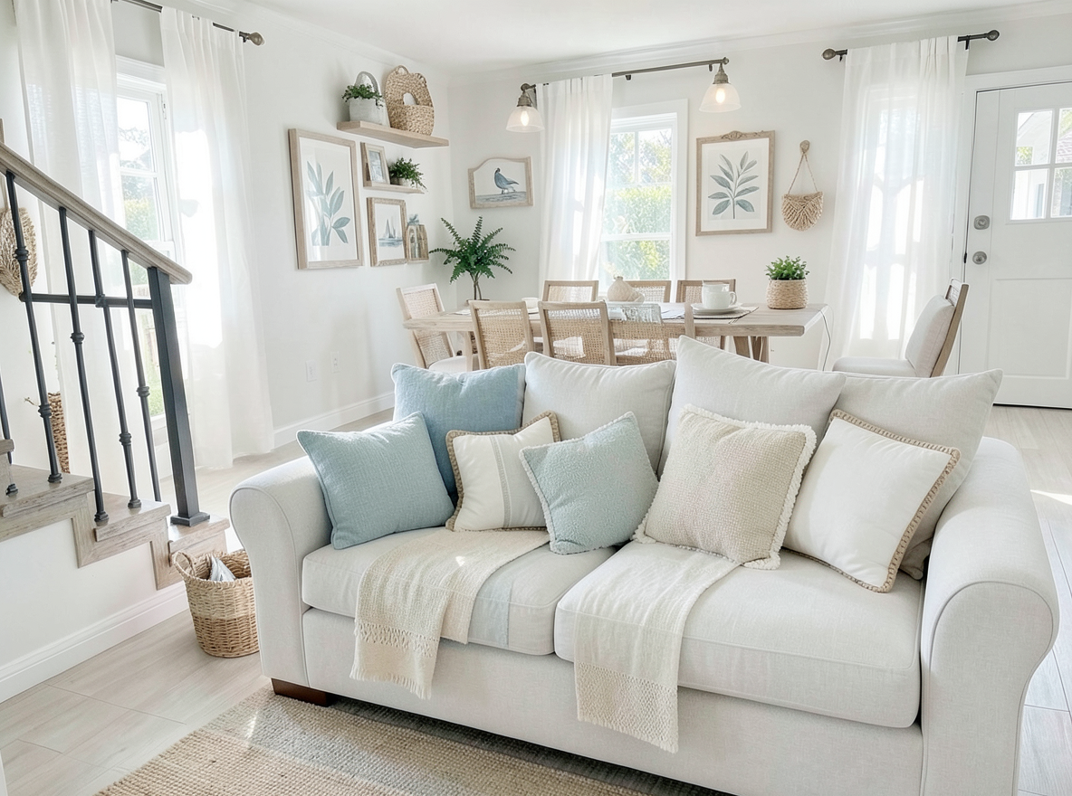Main redesign studio: Redesign this room in a Coastal interior style: airy whites and soft-blue tones, weathered light wood, natural linen and woven textures, breezy sheer