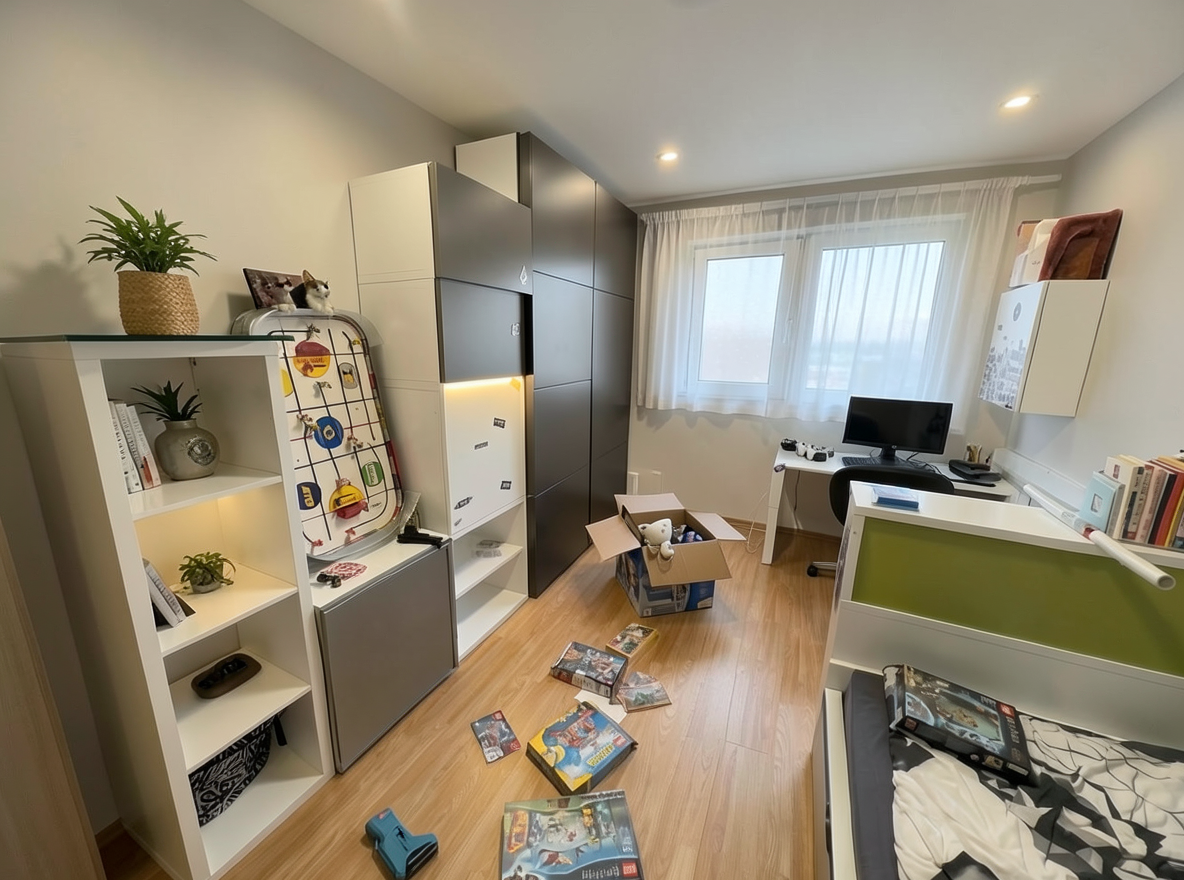 Main redesign studio: Redesign this room in a Modern interior style: clean lines, a neutral palette with bold accents, sleek low-profile furniture, glass and matte-metal su