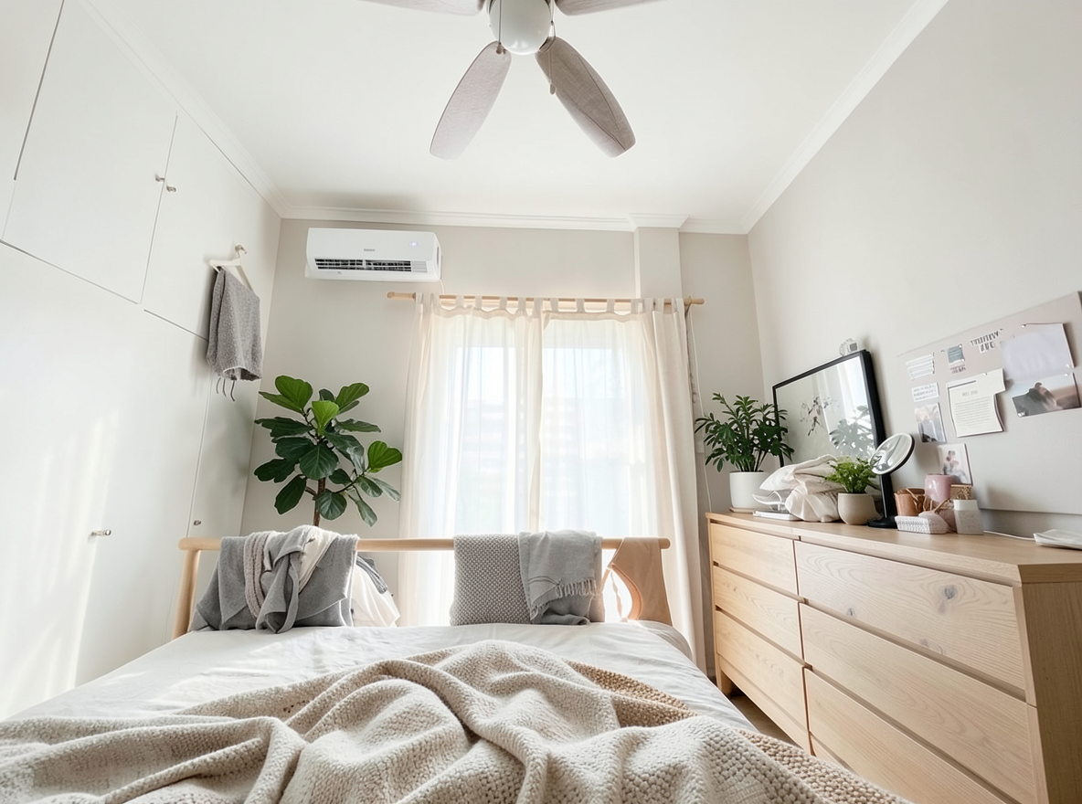 Main redesign studio: Redesign this room in a Scandinavian interior style: light oak wood, a white and soft-grey palette, wool and linen textiles, a woven jute rug, leafy p