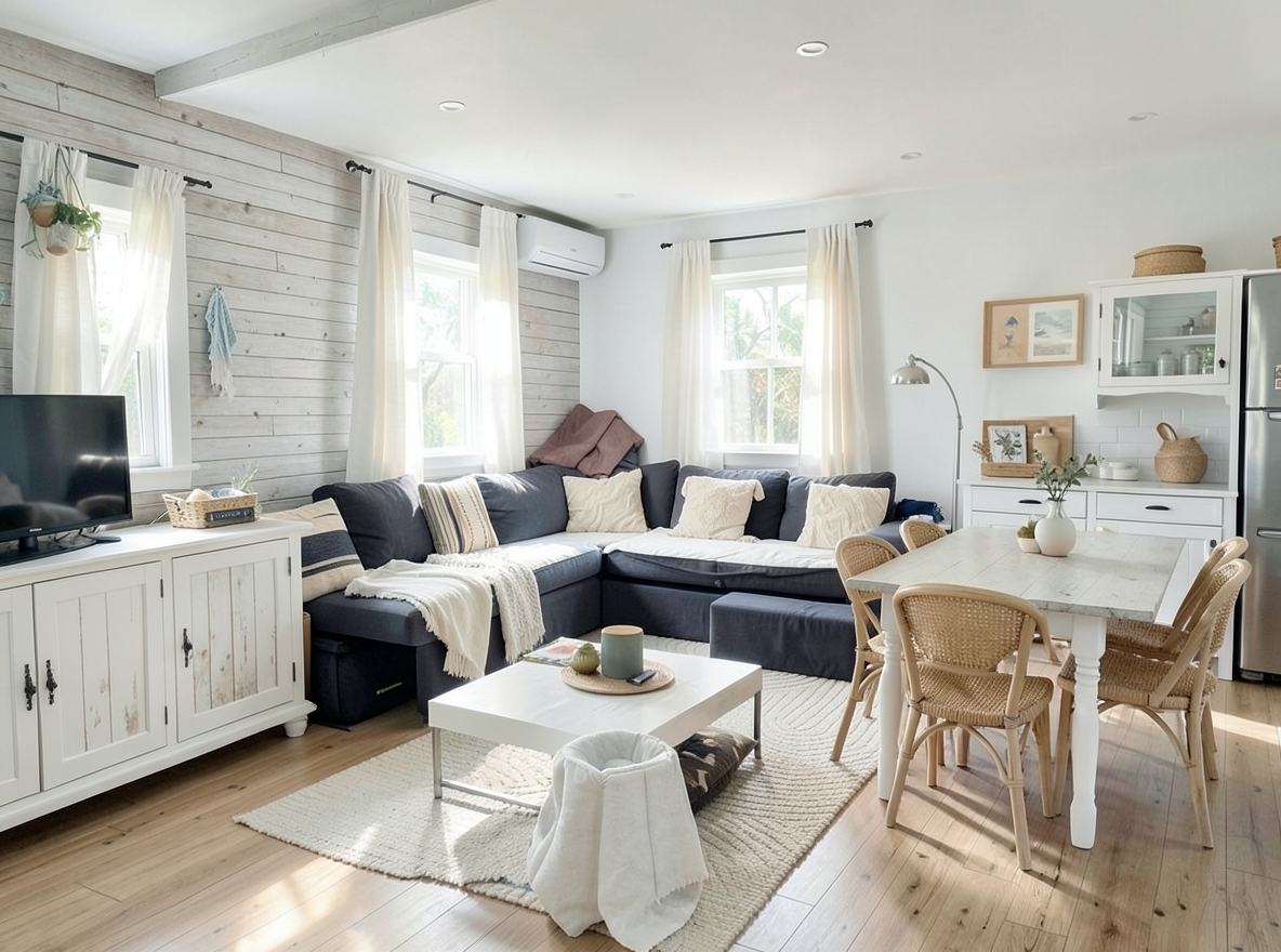 Main redesign studio: Redesign this room in a Coastal interior style: airy whites and soft-blue tones, weathered light wood, natural linen and woven textures, breezy sheer