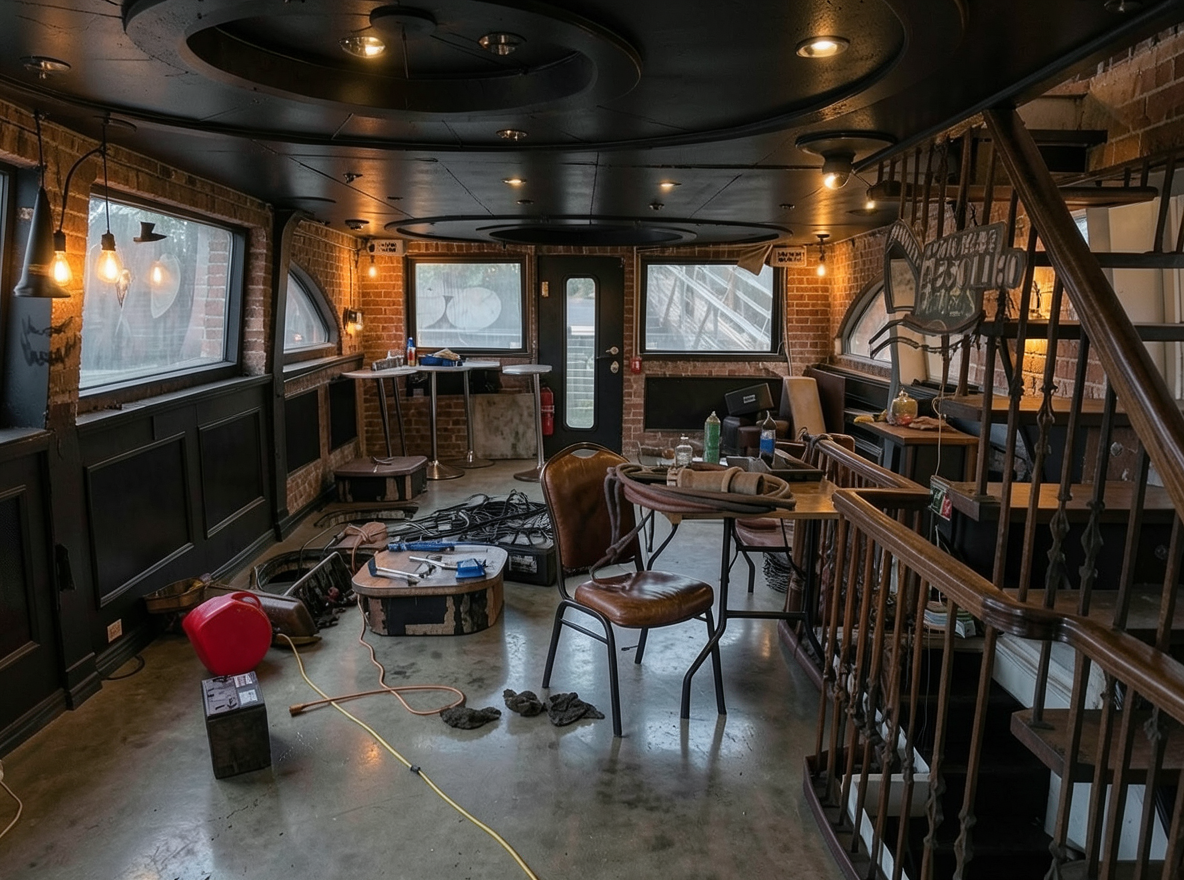 Main redesign studio: Redesign this room in a Industrial interior style: exposed-brick walls, black steel and reclaimed-wood furniture, polished concrete floor, leather acc