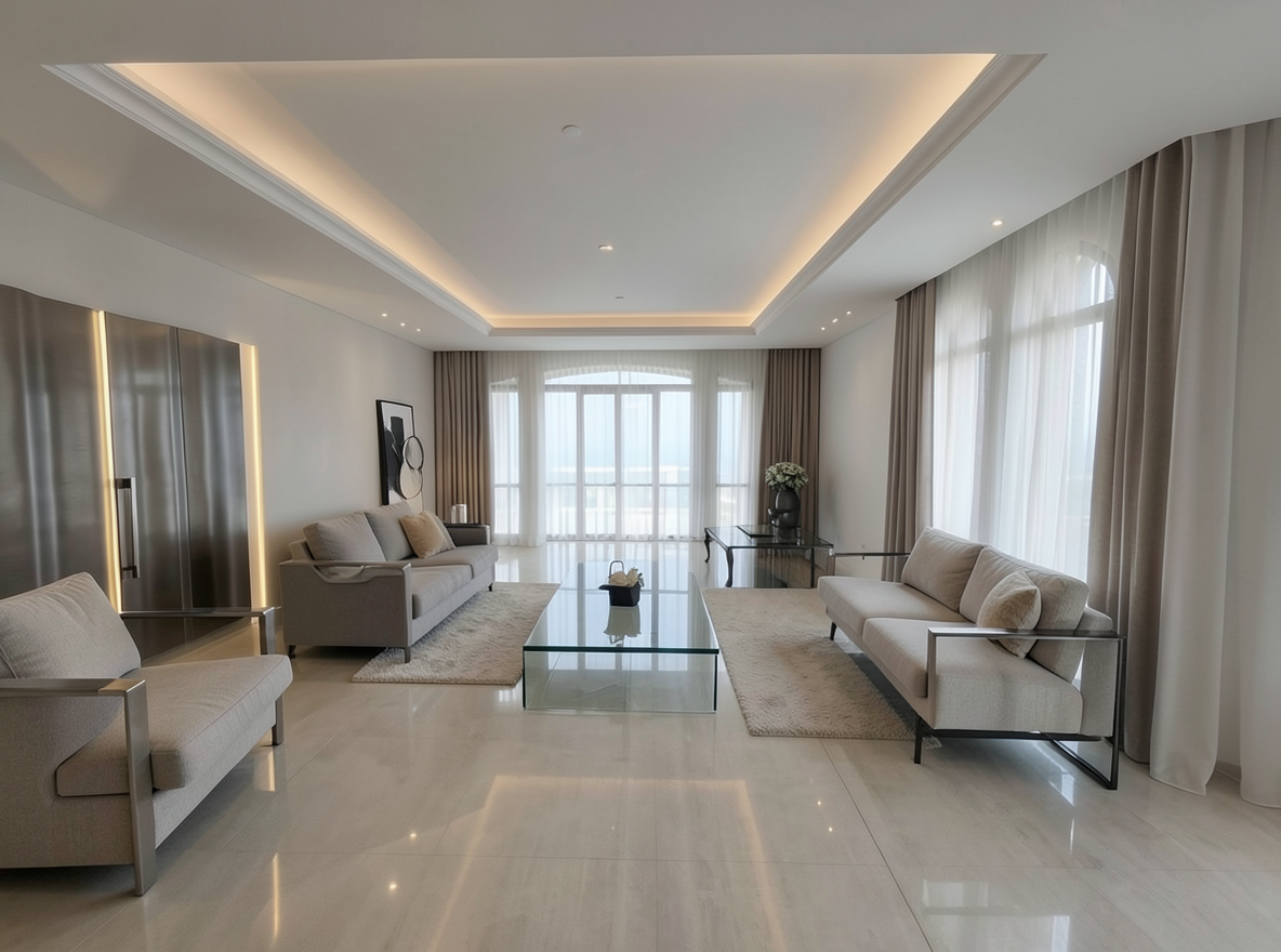 Main redesign studio: Redesign this room in a Modern interior style: clean lines, a neutral palette with bold accents, sleek low-profile furniture, glass and matte-metal su