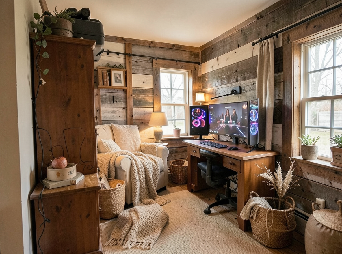 Main redesign studio: Redesign this room in a Farmhouse interior style: shiplap walls, warm reclaimed wood, matte-black fixtures, cozy neutral textiles, vintage accents, so