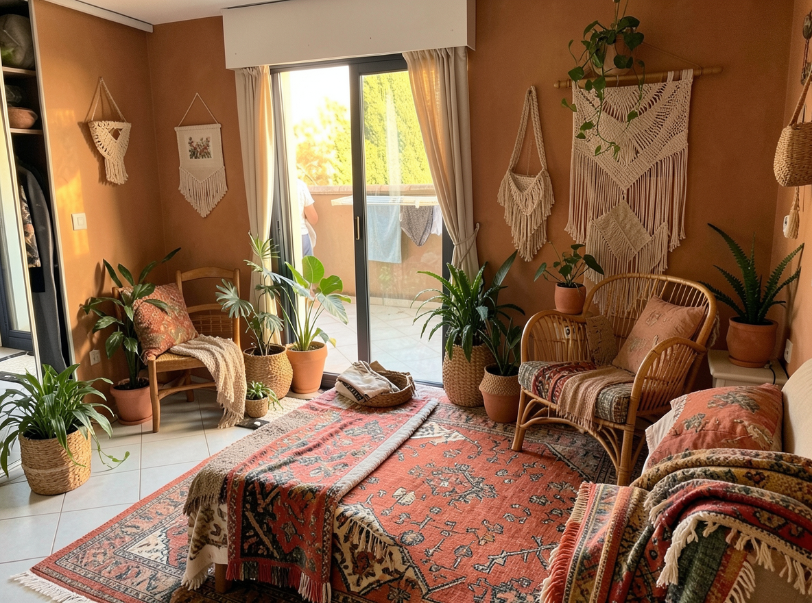 Main redesign studio: Redesign this room in a Boho interior style: layered patterned textiles, rattan and macramé, terracotta and warm earthy tones, abundant plants, vintag