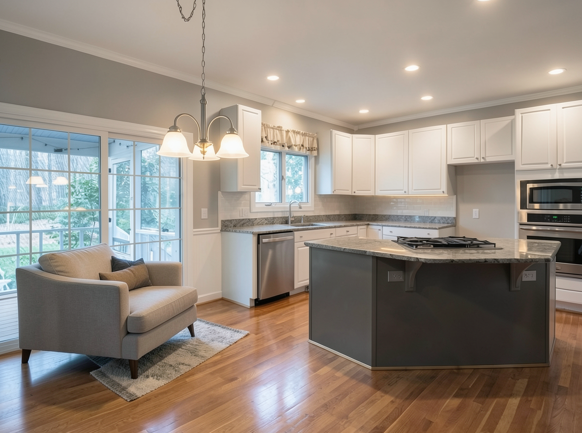 Main redesign studio: Redesign this room in a Modern interior style: clean lines, a neutral palette with bold accents, sleek low-profile furniture, glass and matte-metal su