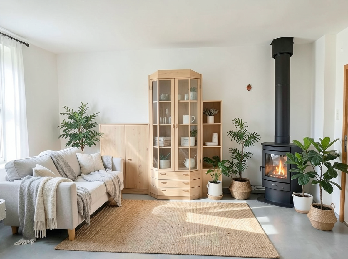 Main redesign studio: Redesign this room in a Scandinavian interior style: light oak wood, a white and soft-grey palette, wool and linen textiles, a woven jute rug, leafy p