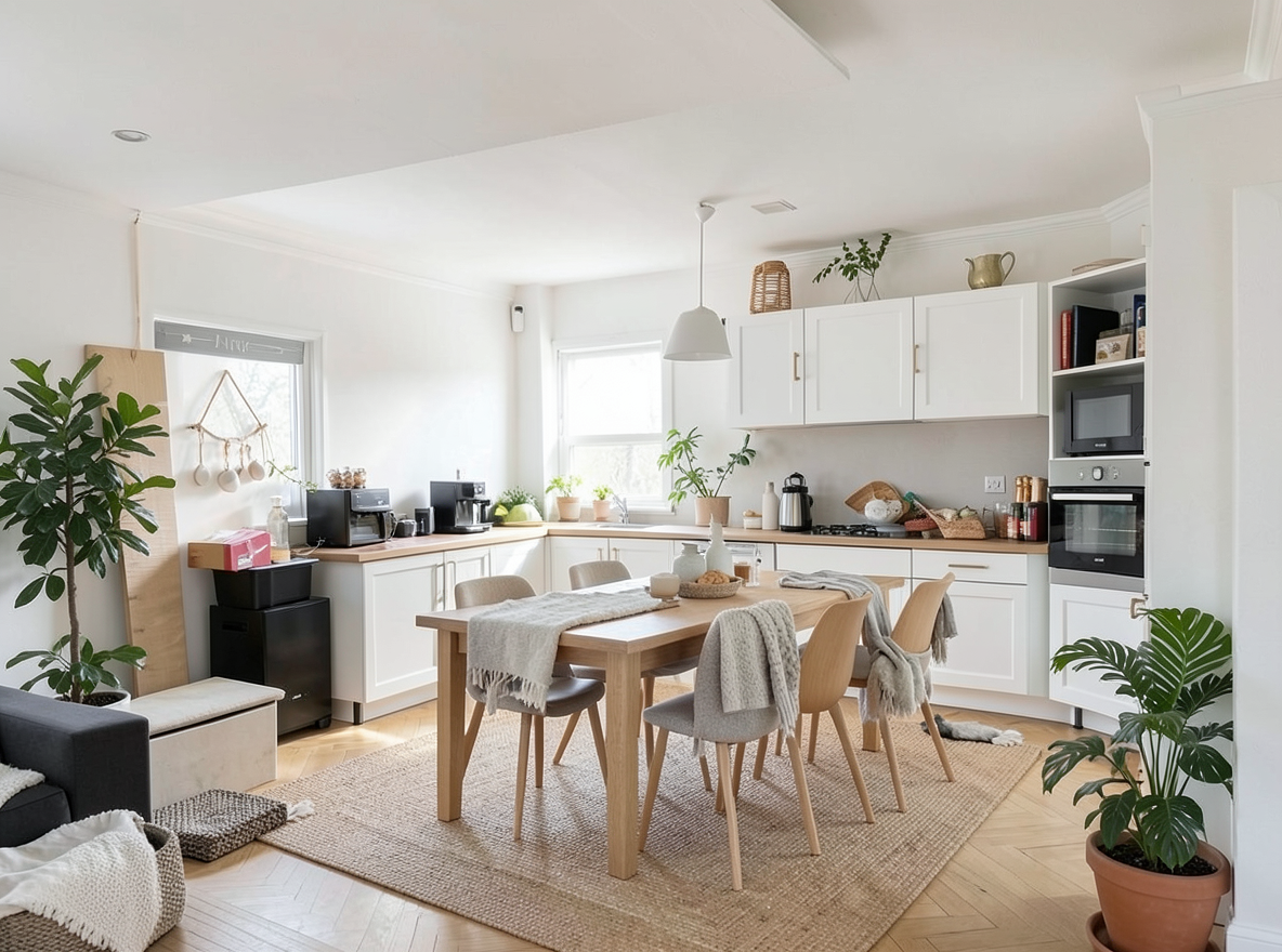 Main redesign studio: Redesign this room in a Scandinavian interior style: light oak wood, a white and soft-grey palette, wool and linen textiles, a woven jute rug, leafy p