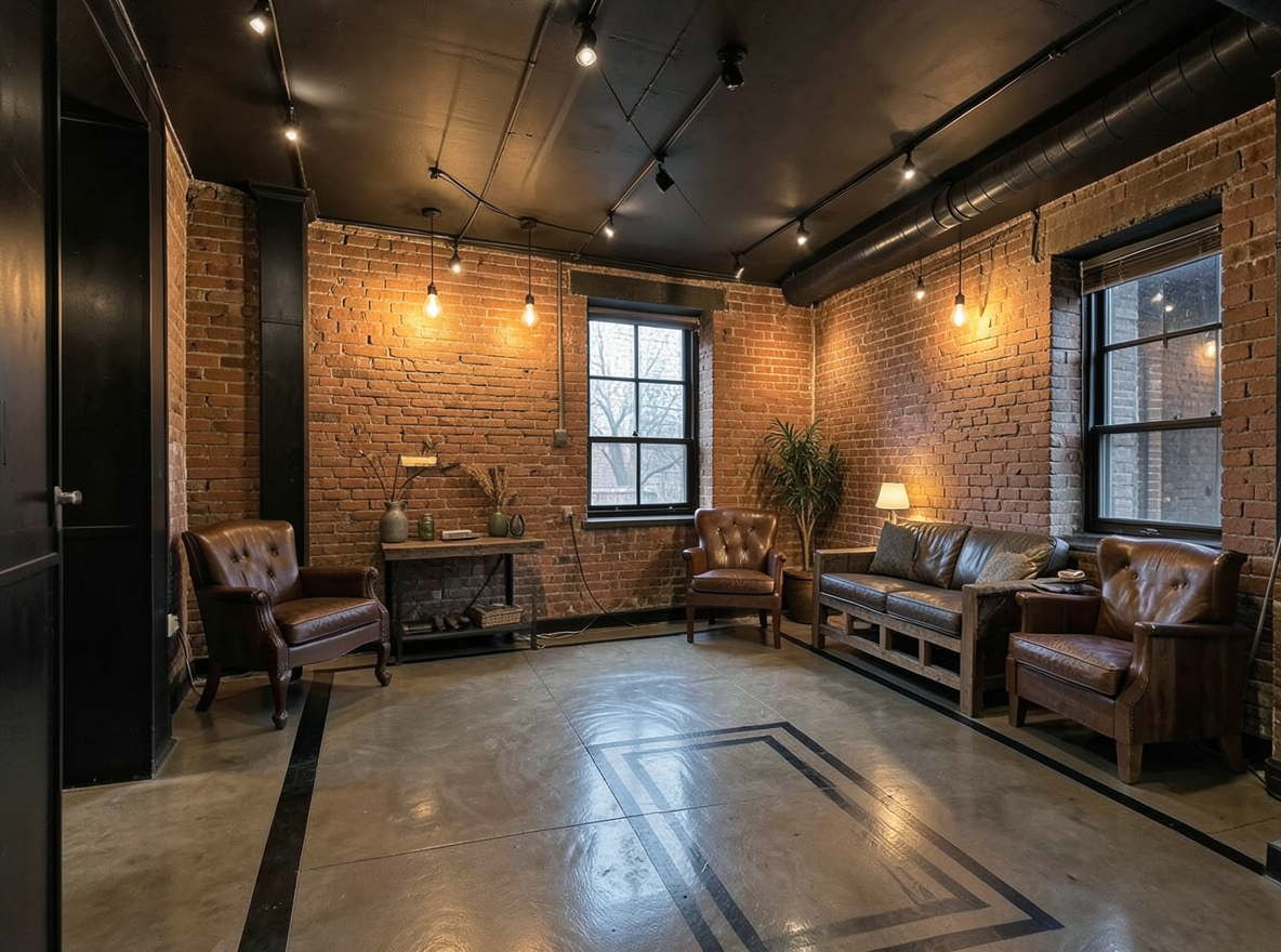 Main redesign studio: Redesign this room in a Industrial interior style: exposed-brick walls, black steel and reclaimed-wood furniture, polished concrete floor, leather acc