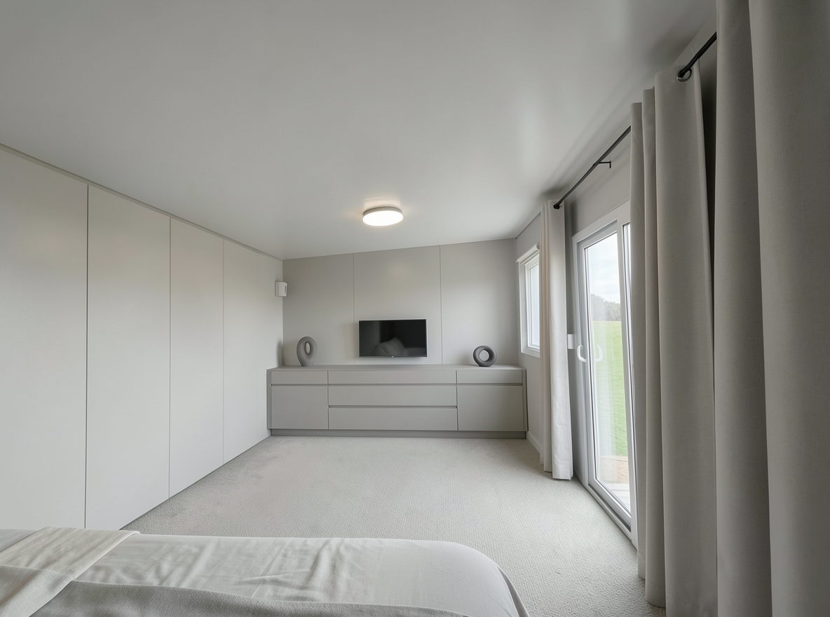 Main redesign studio: Redesign this room in a Minimalist interior style: an uncluttered space, a monochrome neutral palette, a few sculptural pieces, concealed storage, sof