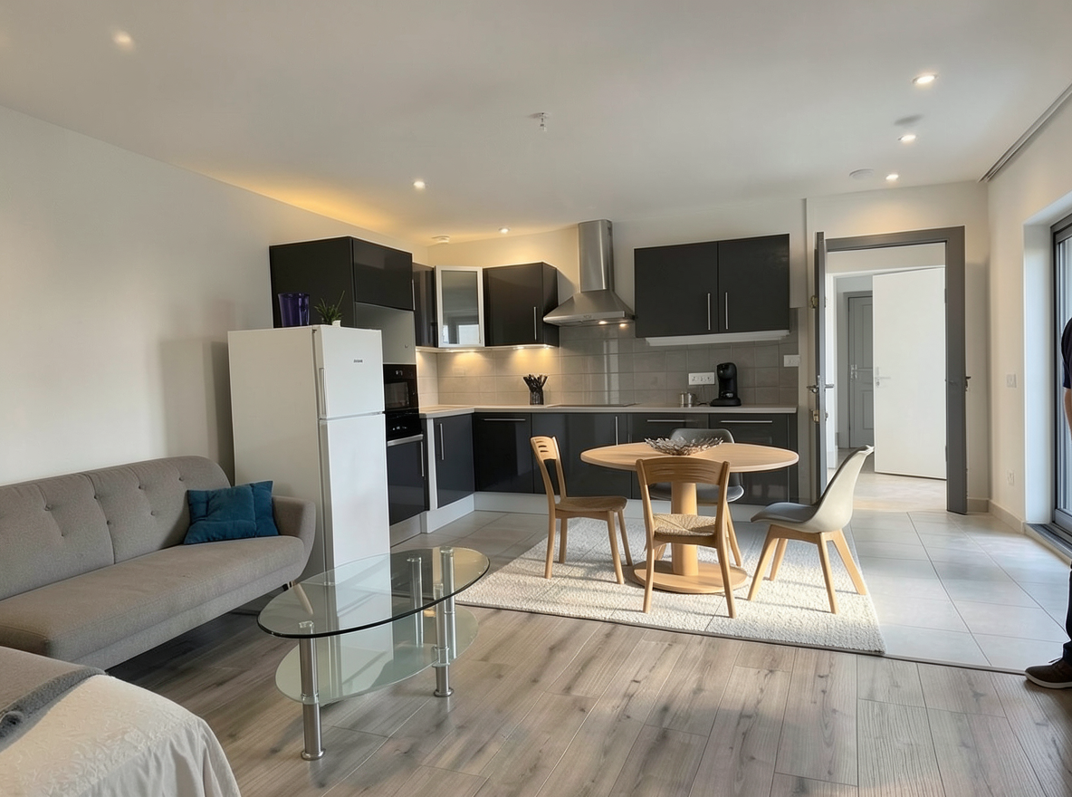 Main redesign studio: Redesign this room in a Modern interior style: clean lines, a neutral palette with bold accents, sleek low-profile furniture, glass and matte-metal su