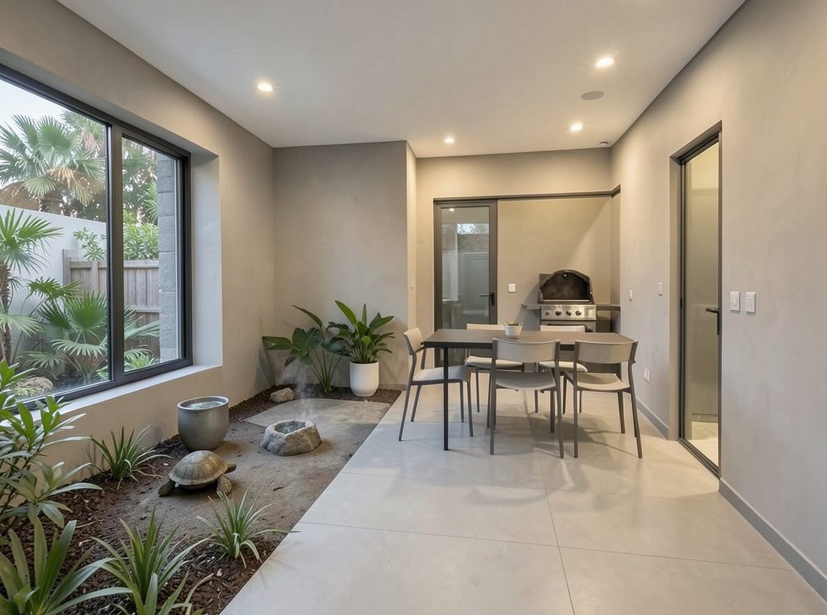 Main redesign studio: Redesign this room in a Modern interior style: clean lines, a neutral palette with bold accents, sleek low-profile furniture, glass and matte-metal su