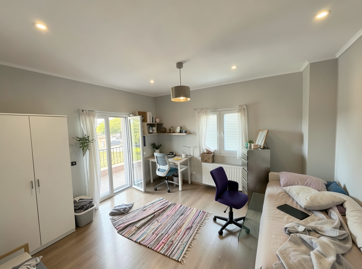 Main redesign studio: Redesign this room in a Modern interior style: clean lines, a neutral palette with bold accents, sleek low-profile furniture, glass and matte-metal su