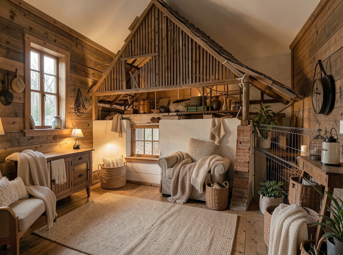 Main redesign studio: Redesign this room in a Farmhouse interior style: shiplap walls, warm reclaimed wood, matte-black fixtures, cozy neutral textiles, vintage accents, so