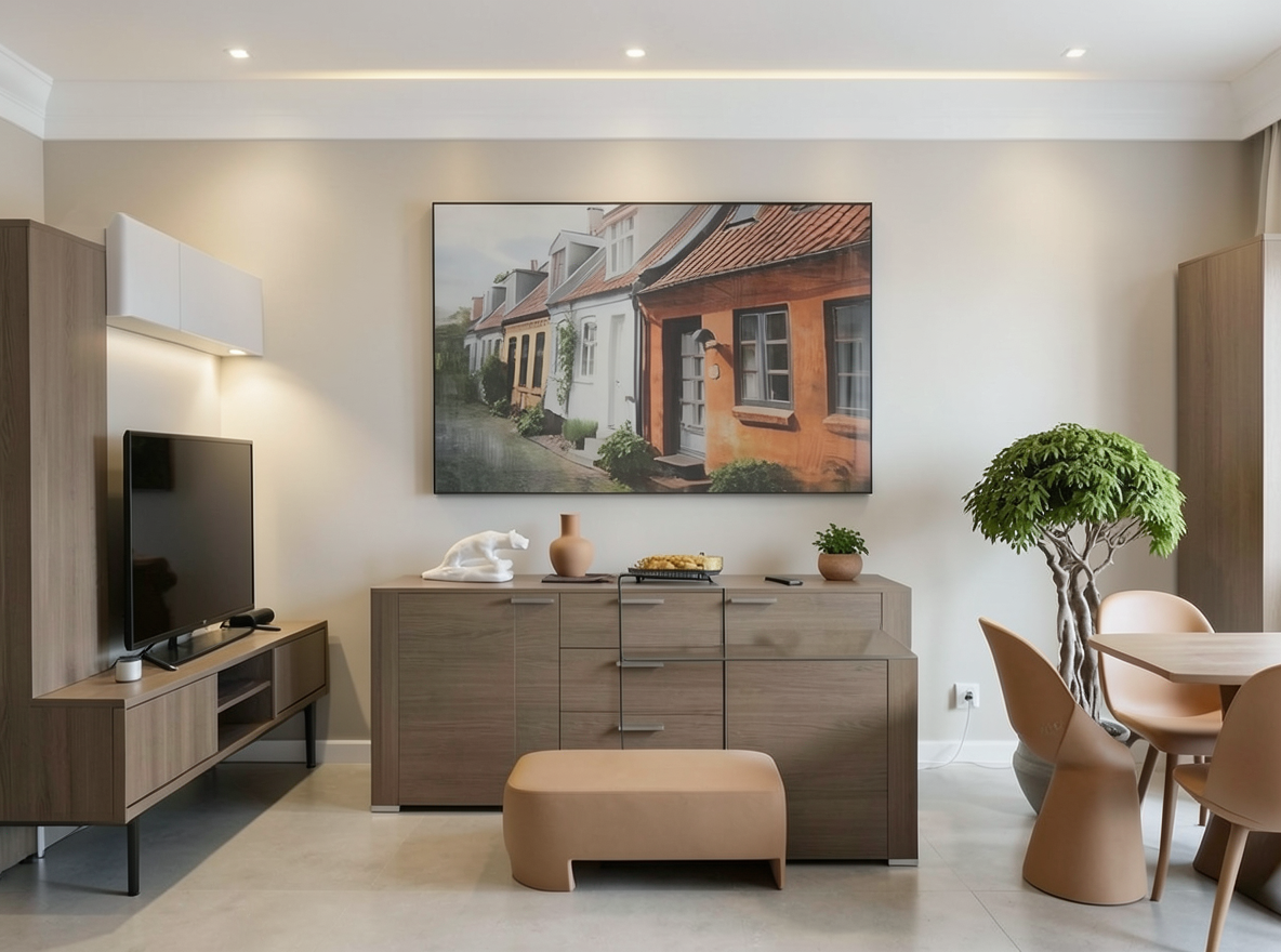 Main redesign studio: Redesign this room in a Modern interior style: clean lines, a neutral palette with bold accents, sleek low-profile furniture, glass and matte-metal su