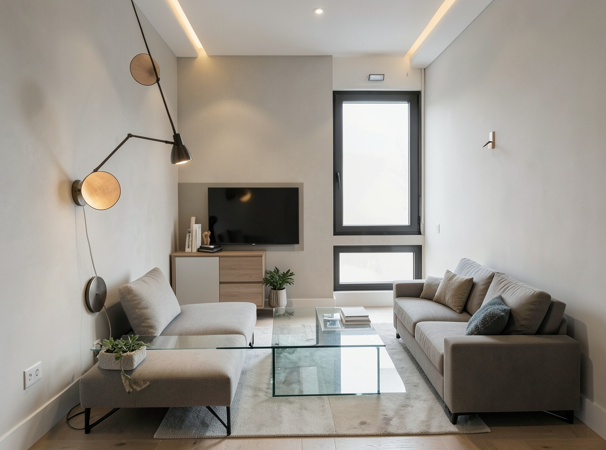 Main redesign studio: Redesign this room in a Modern interior style: clean lines, a neutral palette with bold accents, sleek low-profile furniture, glass and matte-metal su