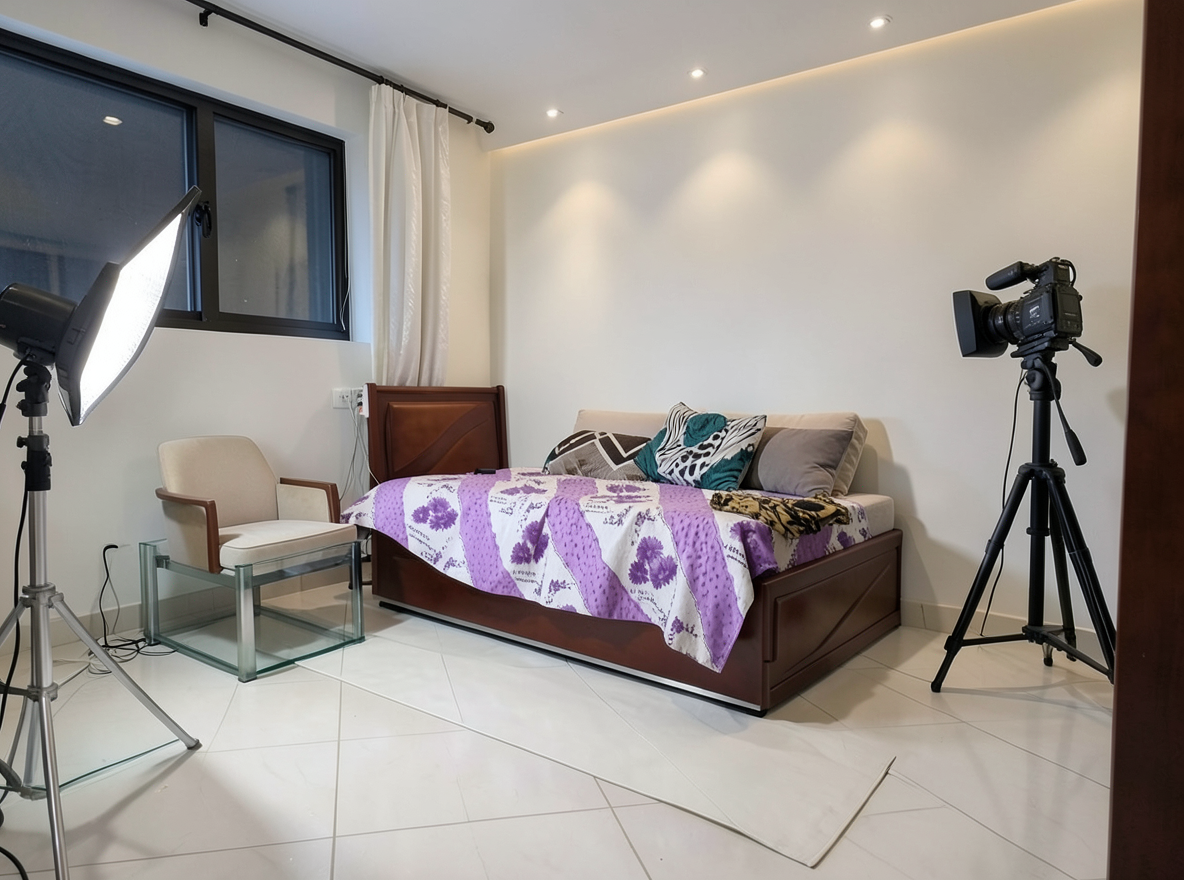 Main redesign studio: Redesign this room in a Modern interior style: clean lines, a neutral palette with bold accents, sleek low-profile furniture, glass and matte-metal su