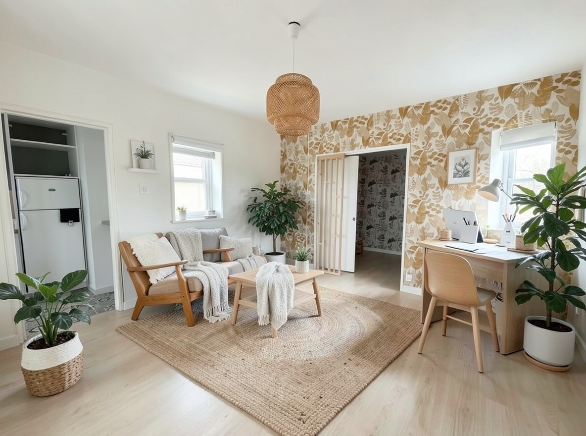 Main redesign studio: Redesign this room in a Scandinavian interior style: light oak wood, a white and soft-grey palette, wool and linen textiles, a woven jute rug, leafy p