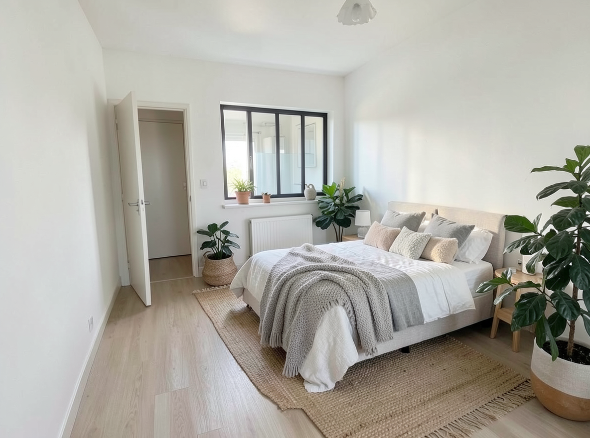 Main redesign studio: Redesign this room in a Scandinavian interior style: light oak wood, a white and soft-grey palette, wool and linen textiles, a woven jute rug, leafy p