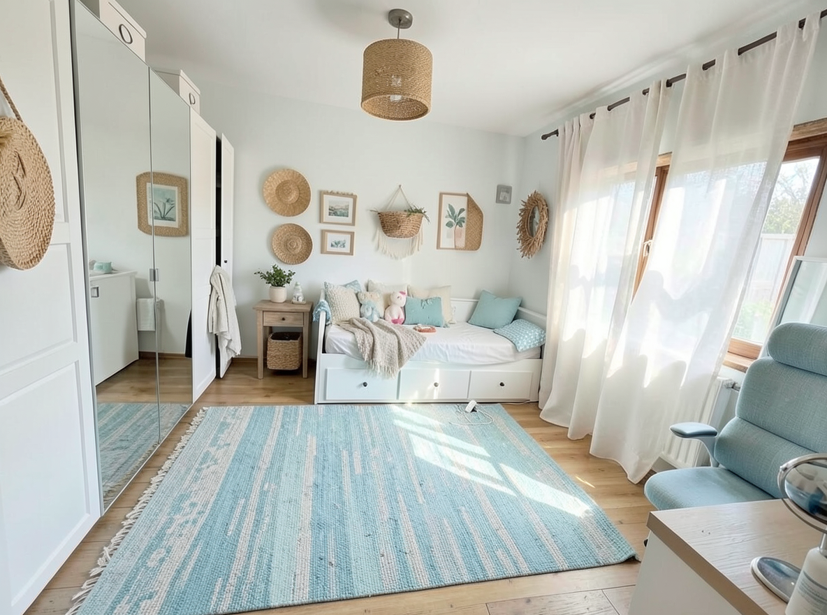 Main redesign studio: Redesign this room in a Coastal interior style: airy whites and soft-blue tones, weathered light wood, natural linen and woven textures, breezy sheer