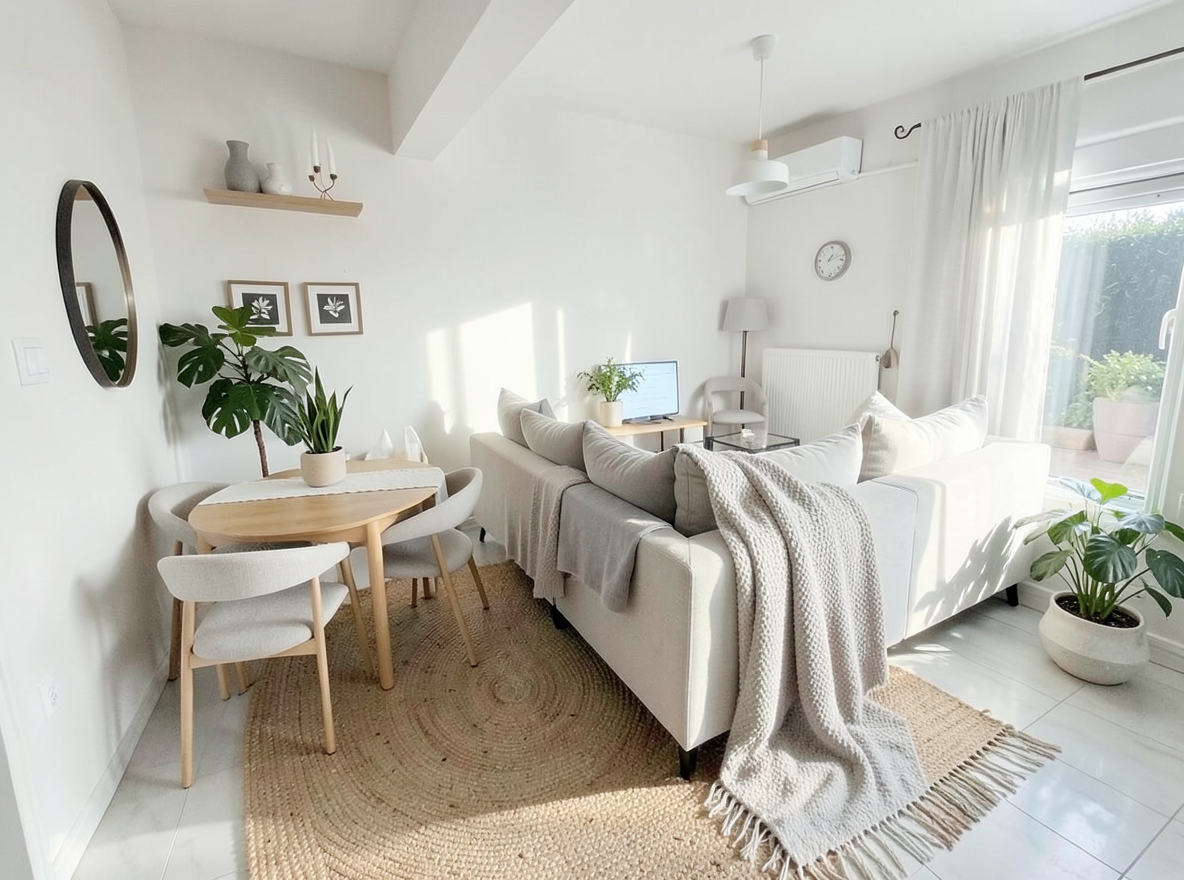 Main redesign studio: Redesign this room in a Scandinavian interior style: light oak wood, a white and soft-grey palette, wool and linen textiles, a woven jute rug, leafy p