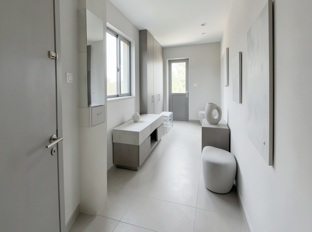 Main redesign studio: Redesign this room in a Minimalist interior style: an uncluttered space, a monochrome neutral palette, a few sculptural pieces, concealed storage, sof