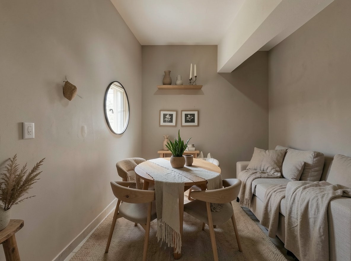 Main redesign studio: Redesign this room in a Japandi interior style: low natural-wood furniture, a muted earthy palette, handcrafted ceramics, linen textiles, soft diffuse