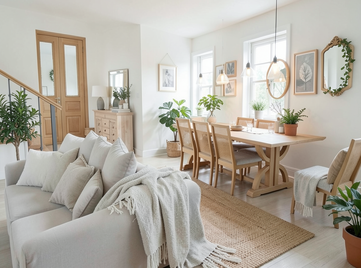 Main redesign studio: Redesign this room in a Scandinavian interior style: light oak wood, a white and soft-grey palette, wool and linen textiles, a woven jute rug, leafy p