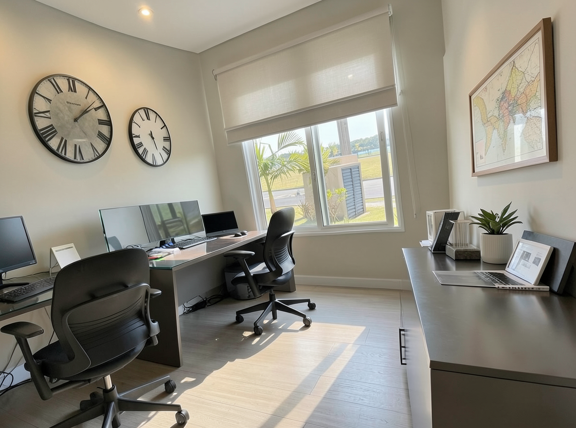 Main redesign studio: Redesign this room in a Modern interior style: clean lines, a neutral palette with bold accents, sleek low-profile furniture, glass and matte-metal su