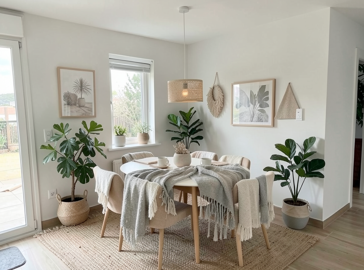 Main redesign studio: Redesign this room in a Scandinavian interior style: light oak wood, a white and soft-grey palette, wool and linen textiles, a woven jute rug, leafy p