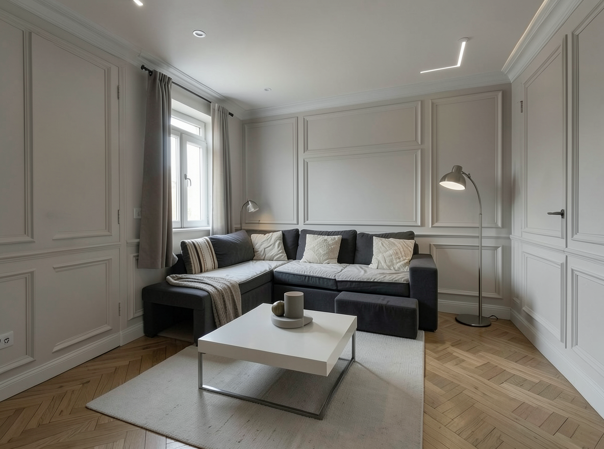 Main redesign studio: Redesign this room in a Minimalist interior style: an uncluttered space, a monochrome neutral palette, a few sculptural pieces, concealed storage, sof