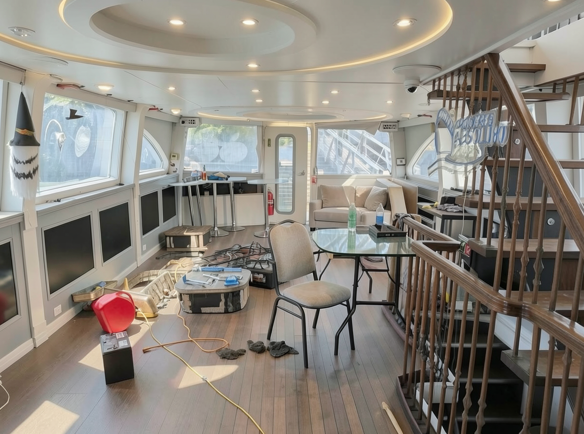 Main redesign studio: Redesign this room in a Modern interior style: clean lines, a neutral palette with bold accents, sleek low-profile furniture, glass and matte-metal su