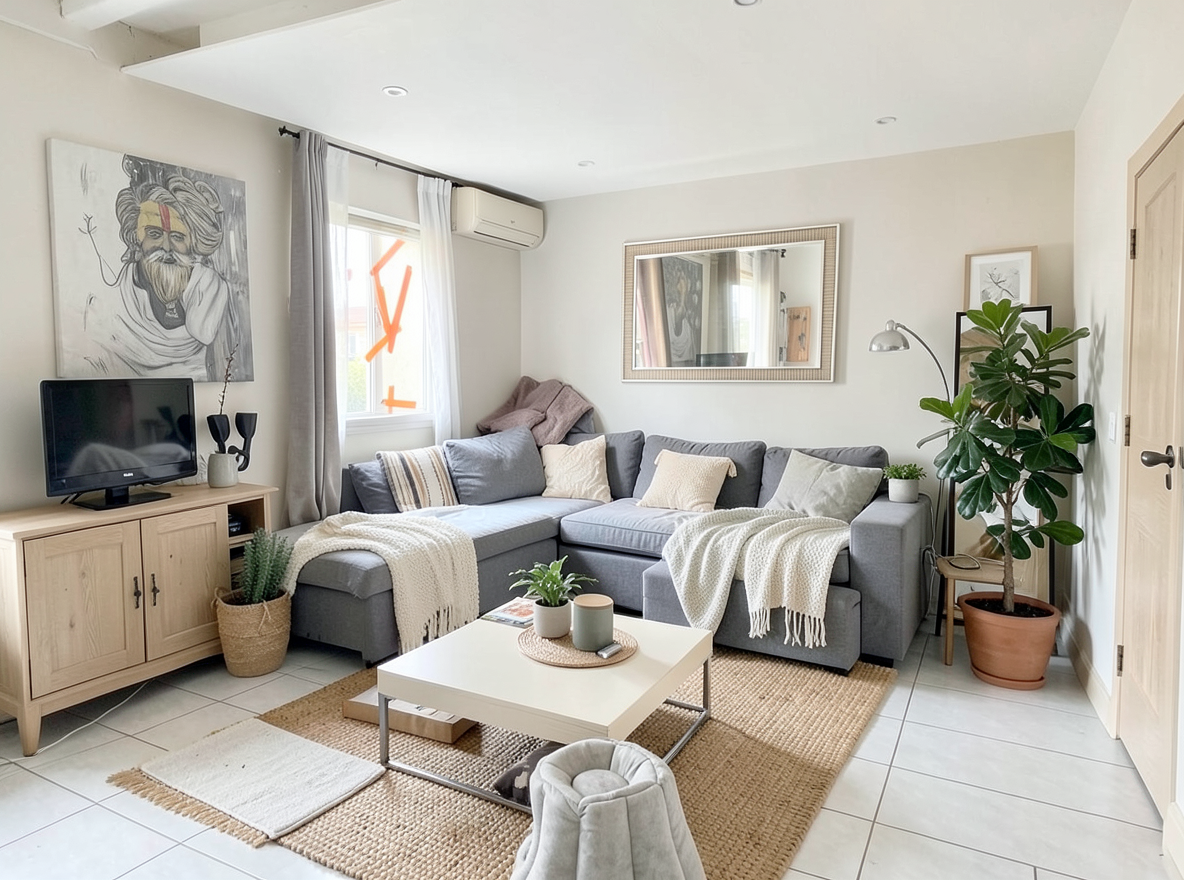 Main redesign studio: Redesign this room in a Scandinavian interior style: light oak wood, a white and soft-grey palette, wool and linen textiles, a woven jute rug, leafy p