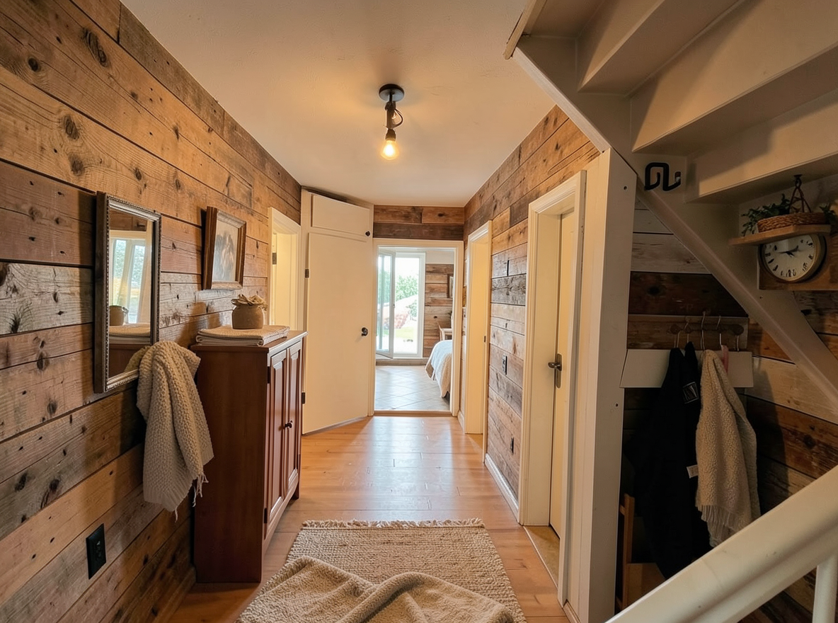 Main redesign studio: Redesign this room in a Farmhouse interior style: shiplap walls, warm reclaimed wood, matte-black fixtures, cozy neutral textiles, vintage accents, so