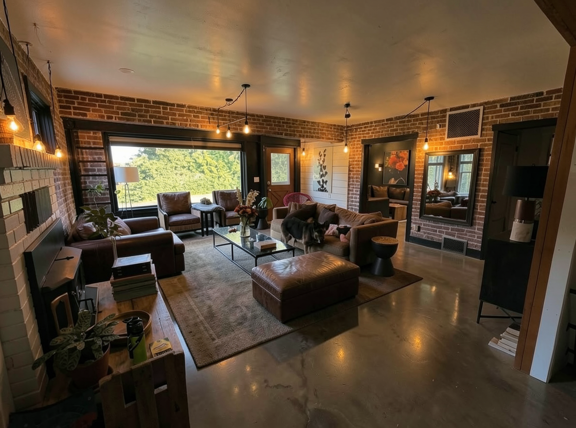 Main redesign studio: Redesign this room in a Industrial interior style: exposed-brick walls, black steel and reclaimed-wood furniture, polished concrete floor, leather acc