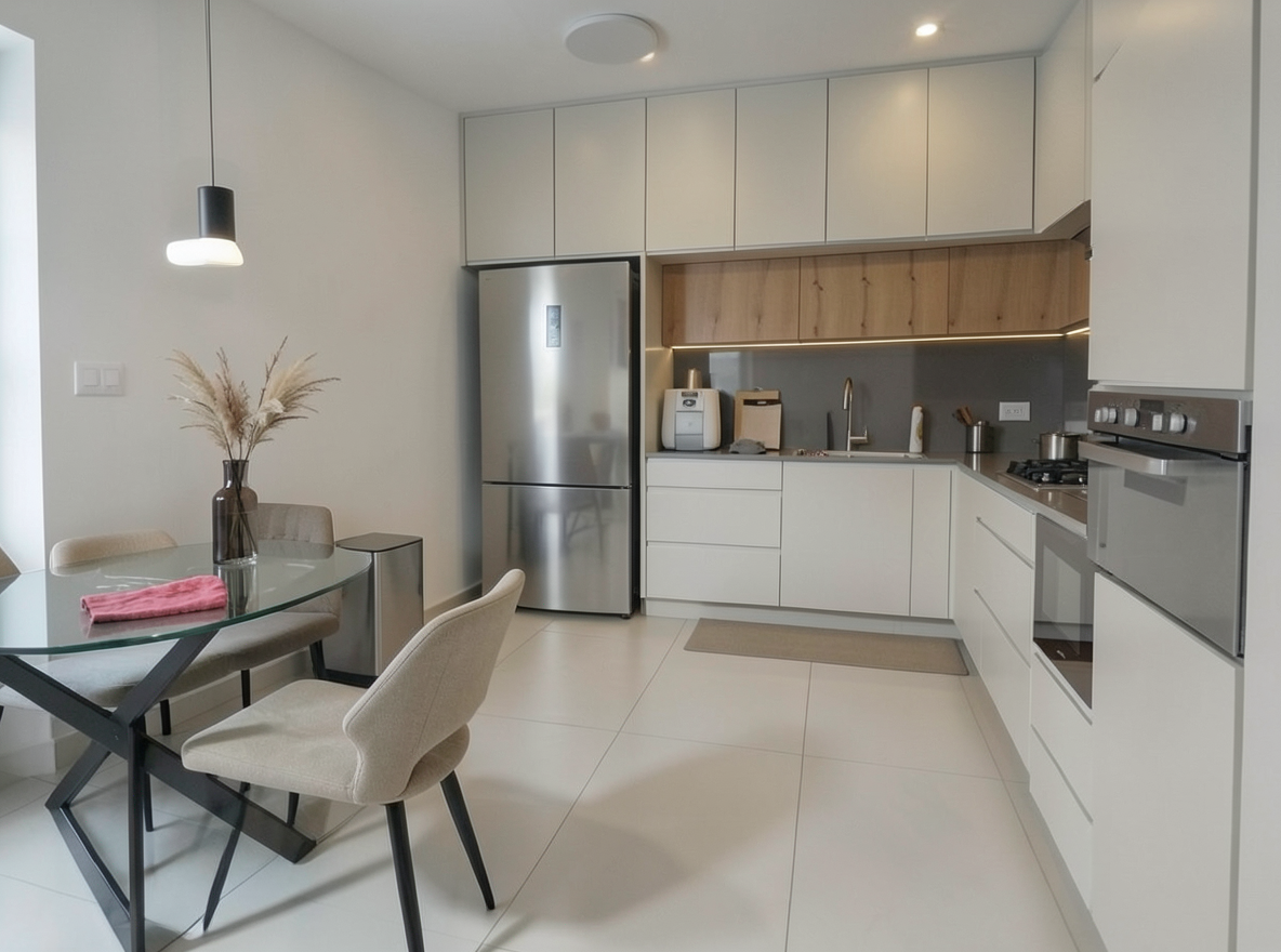 Main redesign studio: Redesign this room in a Modern interior style: clean lines, a neutral palette with bold accents, sleek low-profile furniture, glass and matte-metal su