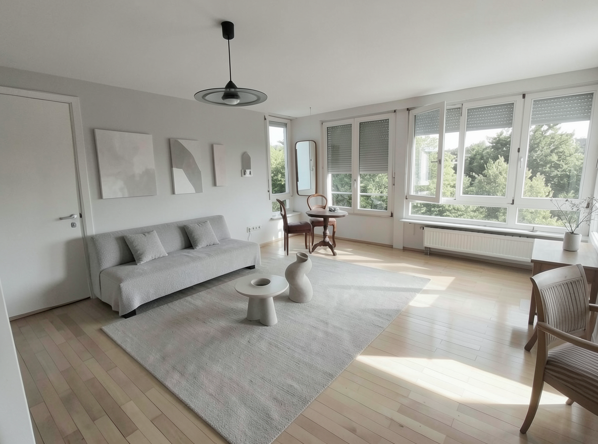 Main redesign studio: Redesign this room in a Minimalist interior style: an uncluttered space, a monochrome neutral palette, a few sculptural pieces, concealed storage, sof
