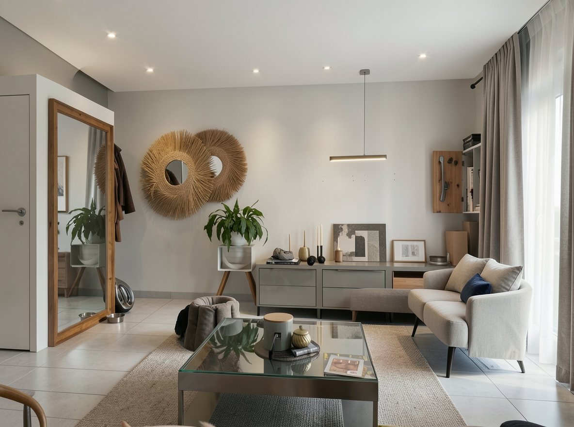 Main redesign studio: Redesign this room in a Modern interior style: clean lines, a neutral palette with bold accents, sleek low-profile furniture, glass and matte-metal su