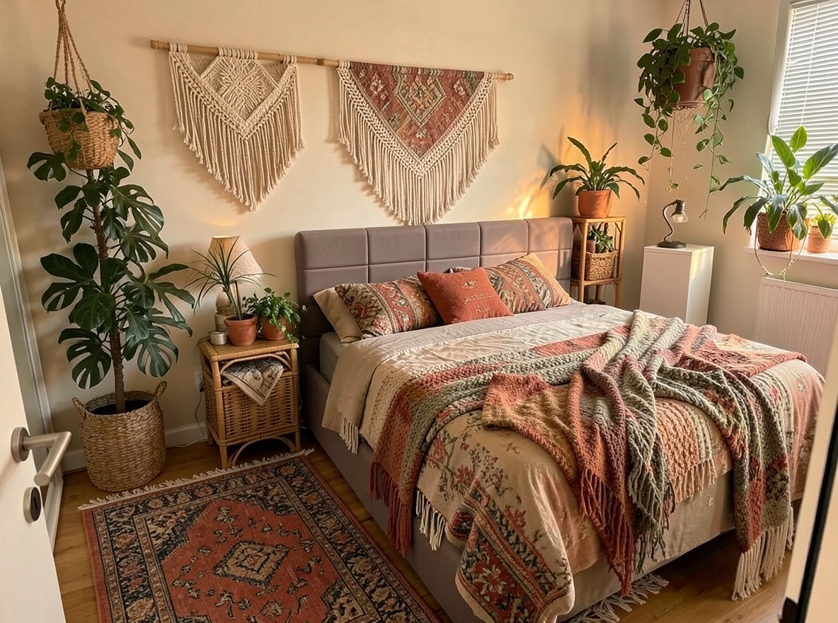 Main redesign studio: Redesign this room in a Boho interior style: layered patterned textiles, rattan and macramé, terracotta and warm earthy tones, abundant plants, vintag