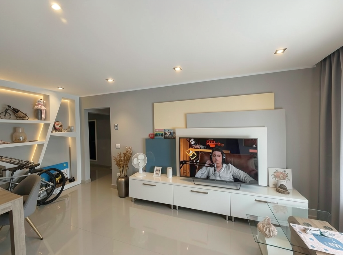 Main redesign studio: Redesign this room in a Modern interior style: clean lines, a neutral palette with bold accents, sleek low-profile furniture, glass and matte-metal su