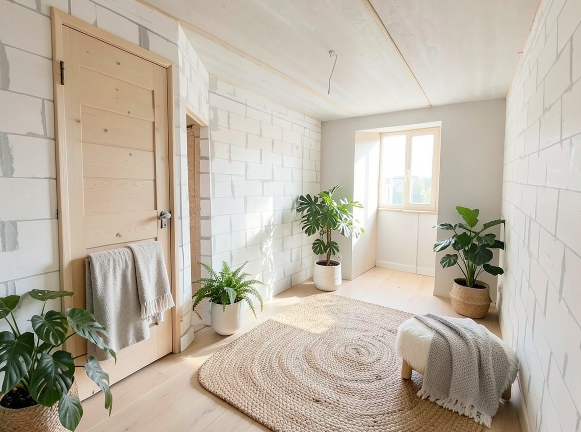 Main redesign studio: Redesign this room in a Scandinavian interior style: light oak wood, a white and soft-grey palette, wool and linen textiles, a woven jute rug, leafy p