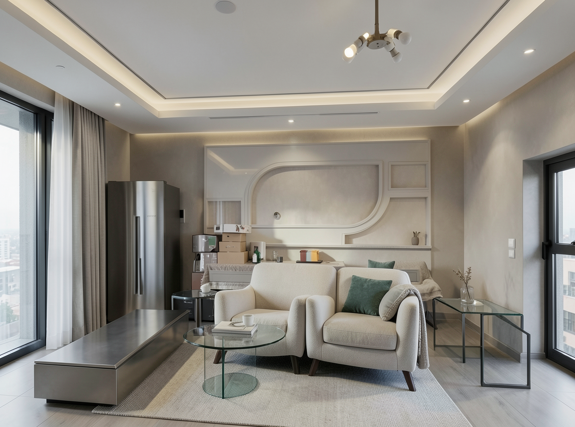 Main redesign studio: Redesign this room in a Modern interior style: clean lines, a neutral palette with bold accents, sleek low-profile furniture, glass and matte-metal su