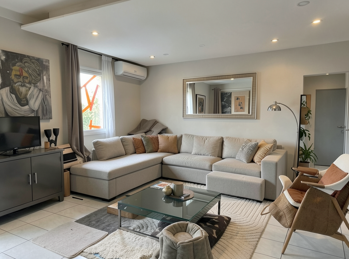 Main redesign studio: Redesign this room in a Modern interior style: clean lines, a neutral palette with bold accents, sleek low-profile furniture, glass and matte-metal su