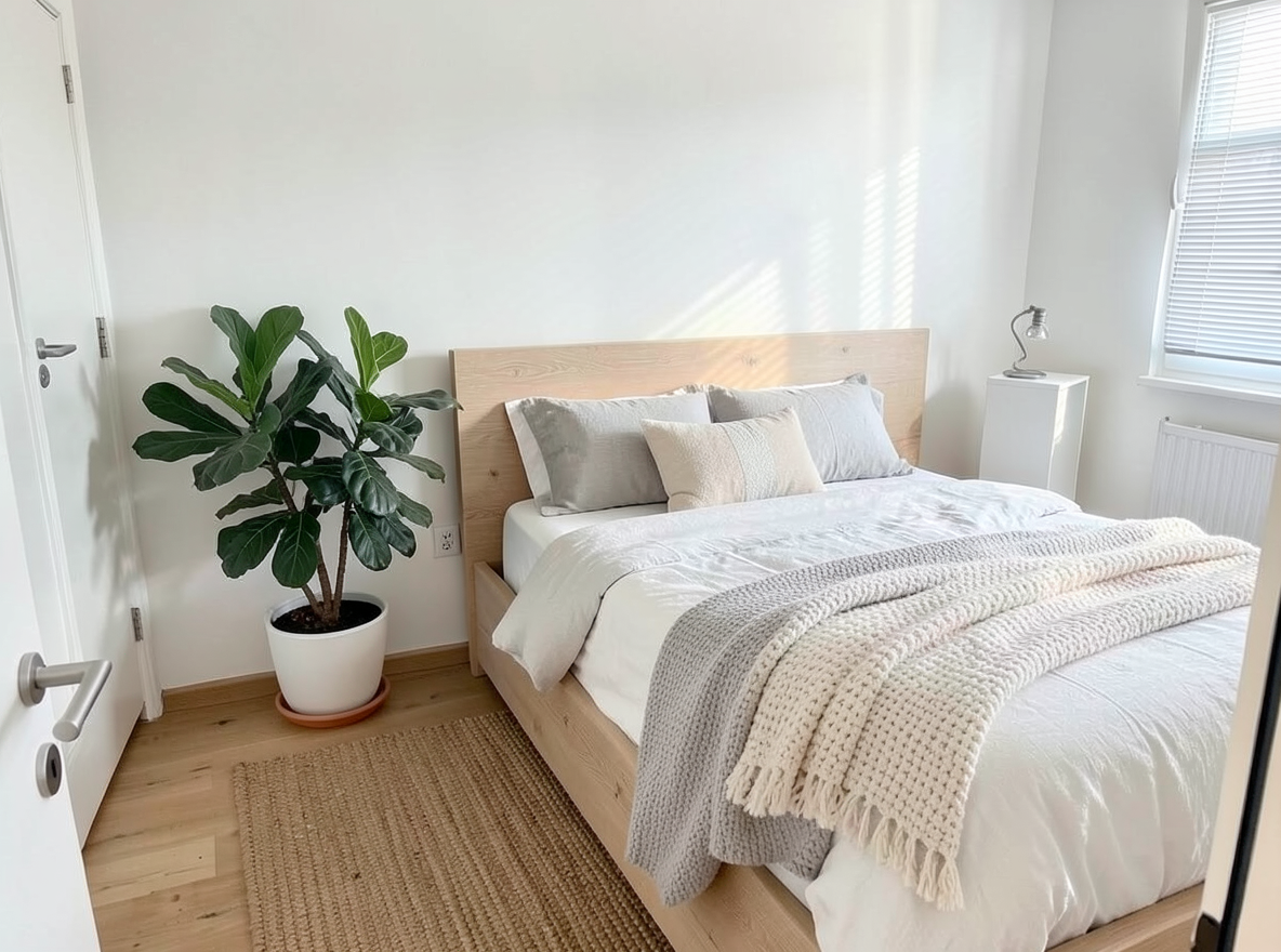 Main redesign studio: Redesign this room in a Scandinavian interior style: light oak wood, a white and soft-grey palette, wool and linen textiles, a woven jute rug, leafy p